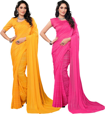 Anand Sarees Striped Bollywood Satin Saree(Pack of 2, Yellow, Pink)