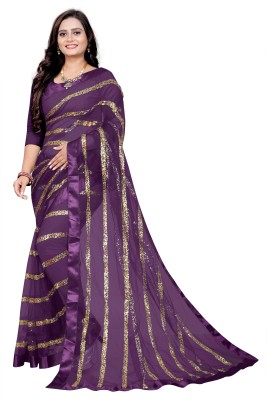 Vihan Fab Striped Bollywood Net Saree(Purple)