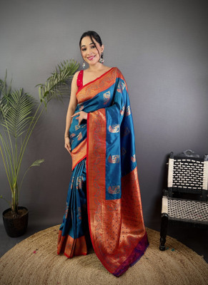 LeeliPeeri Designer Printed Banarasi Cotton Silk Saree(Blue)