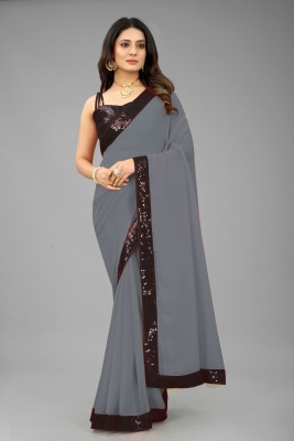 SM TRENDZ Solid/Plain Bollywood Georgette, Cotton Silk Saree(Grey)