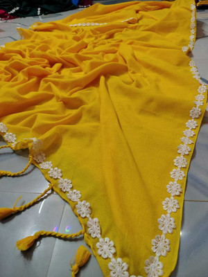 TWRIL Solid/Plain, Embroidered Handloom Cotton Blend Saree(Yellow)