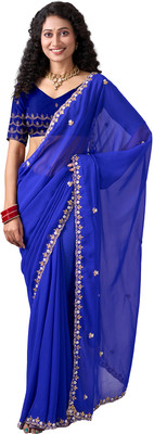 Virendra Textiles Embroidered Bollywood Chiffon Saree(Pack of 6, Blue)