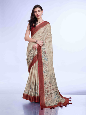Tasrika Digital Print Daily Wear Tussar Silk Saree(Beige)