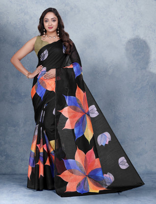 VISHNU Printed Kanjivaram Pure Cotton, Cotton Linen Saree(Black)