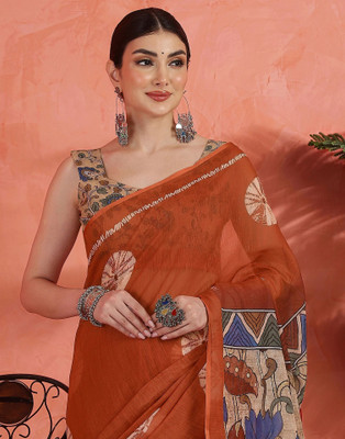 Samah Printed Daily Wear Linen Saree(Orange, Beige)