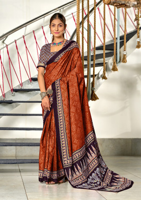 HIJA TRENDZ Printed Bandhani Cotton Silk Saree(Orange)