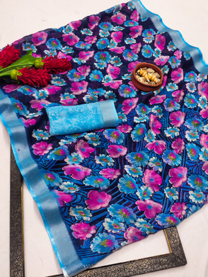 kashvi sarees Floral Print Saree with Attached Blouse Cotton Linen Saree(Dark Blue, Light Blue)