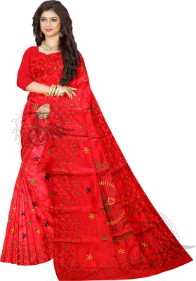 maadurga Embroidered Kantha Art Silk Saree(Red)