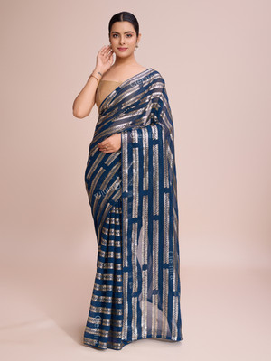 Bluebirdimpex Embroidered Bollywood Georgette Saree(Blue)