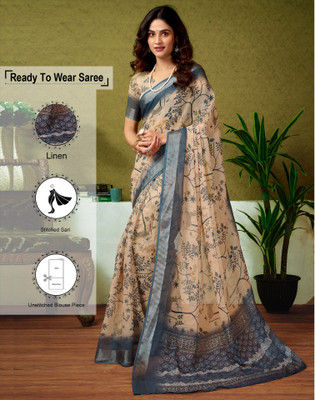 Satrani Floral Print, Printed, Embellished Bollywood Linen Saree(Green, Beige)