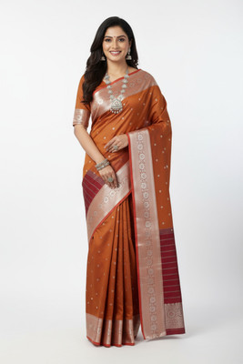 ANSARITRADERS Woven Banarasi Handloom Cotton Silk Saree(Orange, Red)