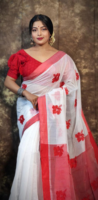RJSC Embroidered Handloom Cotton Silk Saree(White, Red)