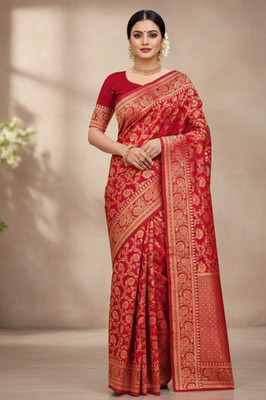 ZILVIRA Woven Kanjivaram Jacquard, Art Silk Saree(Red)