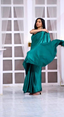 JATADHAR FAB Solid/Plain Ready to Wear Silk Blend Saree(Blue)