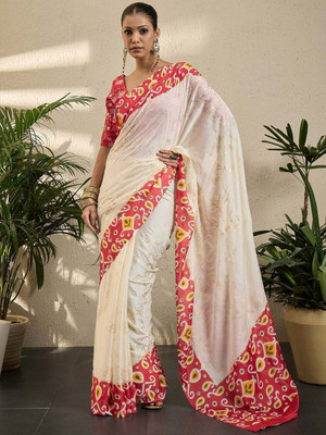 all about you Printed Pochampally Georgette Saree(Cream)