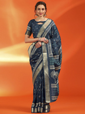 Tasrika Printed Chinnalapattu Cotton Silk Saree(Blue)