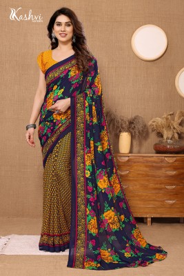 kashvi sarees Paisley, Floral Print Daily Wear Georgette Saree(Yellow, Dark Blue)