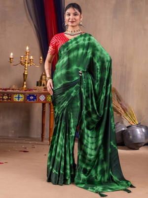 Tasrika Printed Hand Batik Satin Saree(Green)