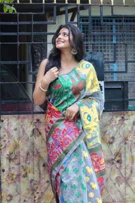 Madhav Creation Woven Banarasi Art Silk Saree(Grey)