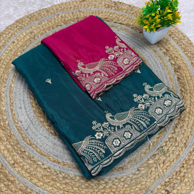 shrijamyaham Embroidered Bollywood Crepe Saree(Pink, Green)