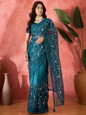 Sangria Embroidered Saree with Attached Blouse Net Saree(Light Blue)