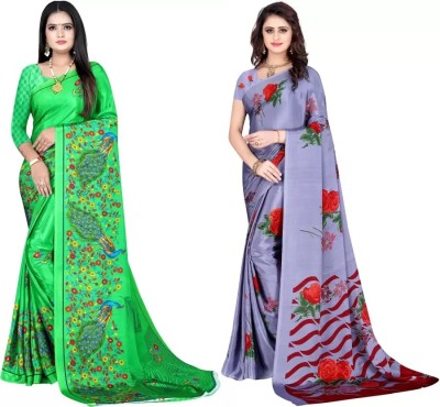 Leelavati Printed Bollywood Crepe Saree(Pack of 2, Green, Multicolor)