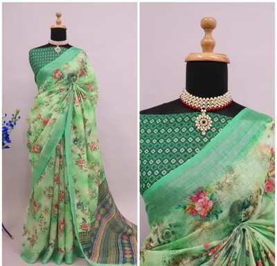 Grubstaker Digital Print Bollywood Linen Saree(Green)