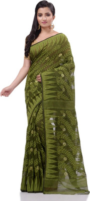 Revival Woven Jamdani Cotton Blend Saree(Green)
