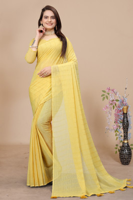 KONICA FAB Striped Bollywood Chiffon Saree(Yellow)
