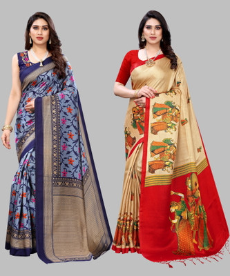 Nirvaan Printed Mysore Art Silk Saree(Pack of 2, Multicolor)