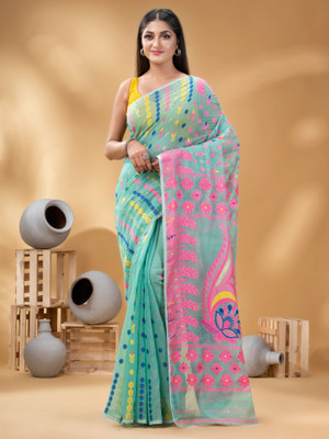 TANTLOOM Woven Jamdani Handloom Cotton Blend Saree(Light Blue)