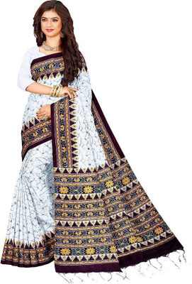Joyguru Textile Printed Handloom Cotton Blend Saree(White)