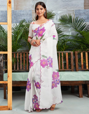 all about you Floral Print, Embroidered Kota Doria Silk Blend Saree(White, Purple, Multicolor)