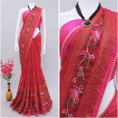 monoria Embroidered Leheria Georgette Saree(Red)
