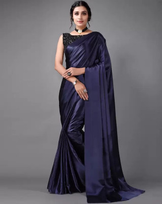 HouseOfCommon Solid/Plain Bollywood Satin Saree(Dark Blue)