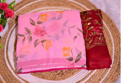 VaIdehi Floral Print, Embroidered, Embellished, Printed Bollywood Georgette Saree(Pink)