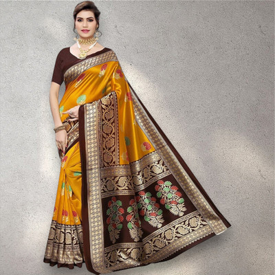 Grubstaker Printed Banarasi Tussar Silk Saree(Yellow)
