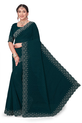 VNENTENTERPRISE Solid/Plain Bollywood Organza Saree(Dark Green)