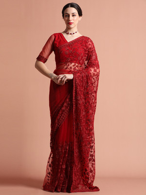 Jaipur Kurti Embroidered Bollywood Net Saree(Maroon)
