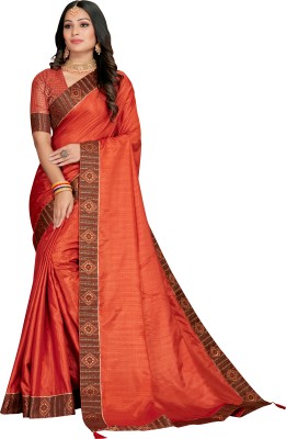 KHANJAN FASHION Self Design, Solid/Plain, Temple Border, Woven Bollywood Dupion Silk, Jacquard Saree(Orange)