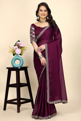 KONICA FAB Self Design, Solid/Plain, Embroidered Bollywood Chiffon Saree(Purple)