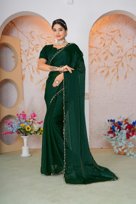 HouseOfCommon Embellished, Embroidered, Solid/Plain Bollywood Chiffon, Pure Silk Saree(Green)