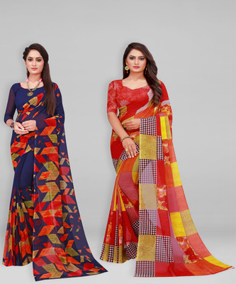 Divastri Floral Print Daily Wear Georgette Saree(Pack of 2, Cream)
