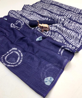KGM BRAND Tie-Dye, Printed, Dyed, Geometric Print, Striped Bollywood Linen Saree(Blue)