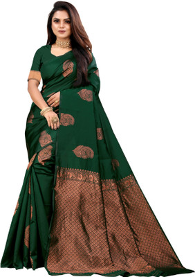 Vedant Vastram Floral Print Banarasi Silk Blend Saree(Dark Green)