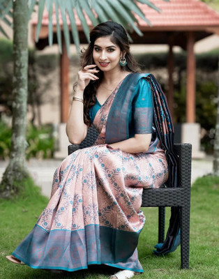 K SALIYA Woven Banarasi Jacquard Saree(Pink, Dark Blue)