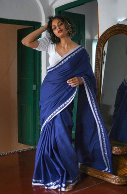 womensari Solid/Plain Handloom Cotton Blend Saree(Blue)