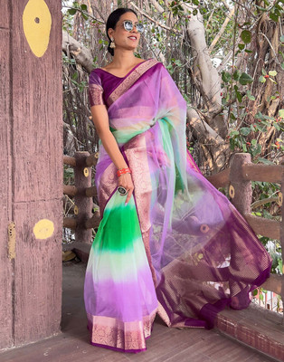 KOTHARI KS Solid/Plain Bandhani Organza Saree(Purple)
