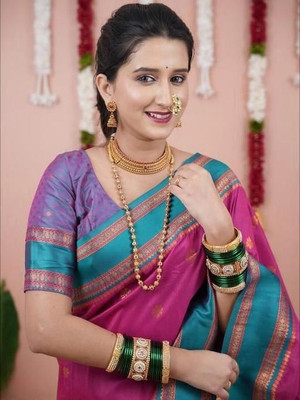 RASIFASHION Woven Paithani Silk Blend Saree(Pink)