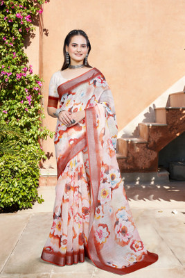 Vinayak Textile Printed Bollywood Linen Saree(Orange)